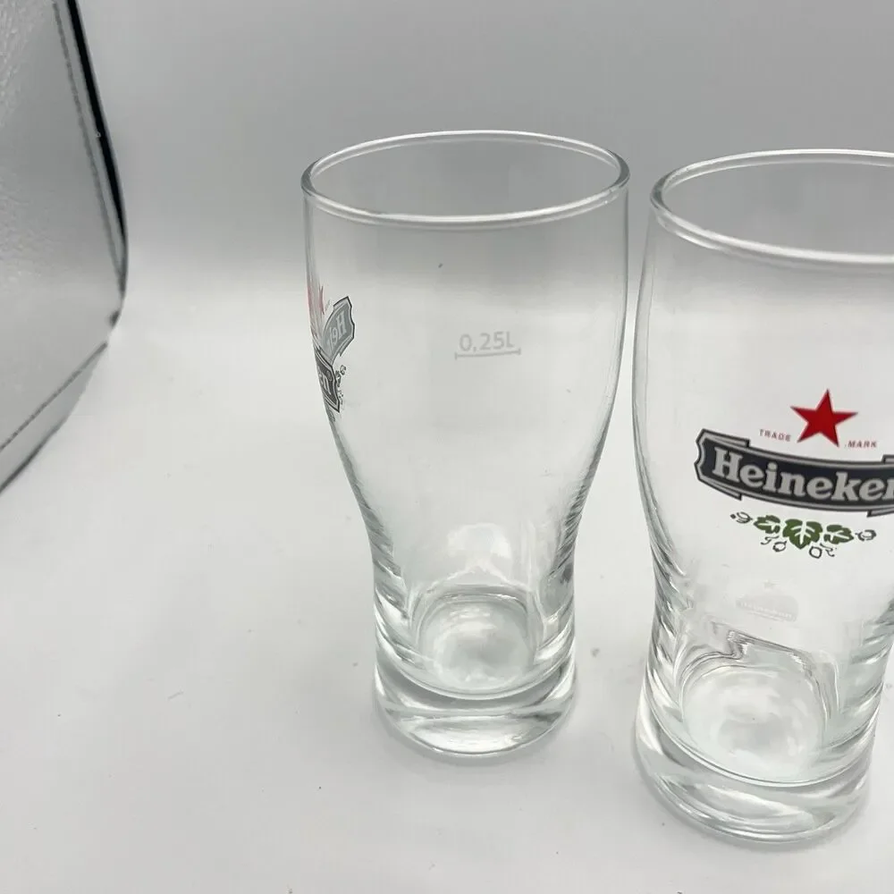 Heineken Beer Glasses .25L Red Star Etched Logo Reverse Bottom And .25L On Side